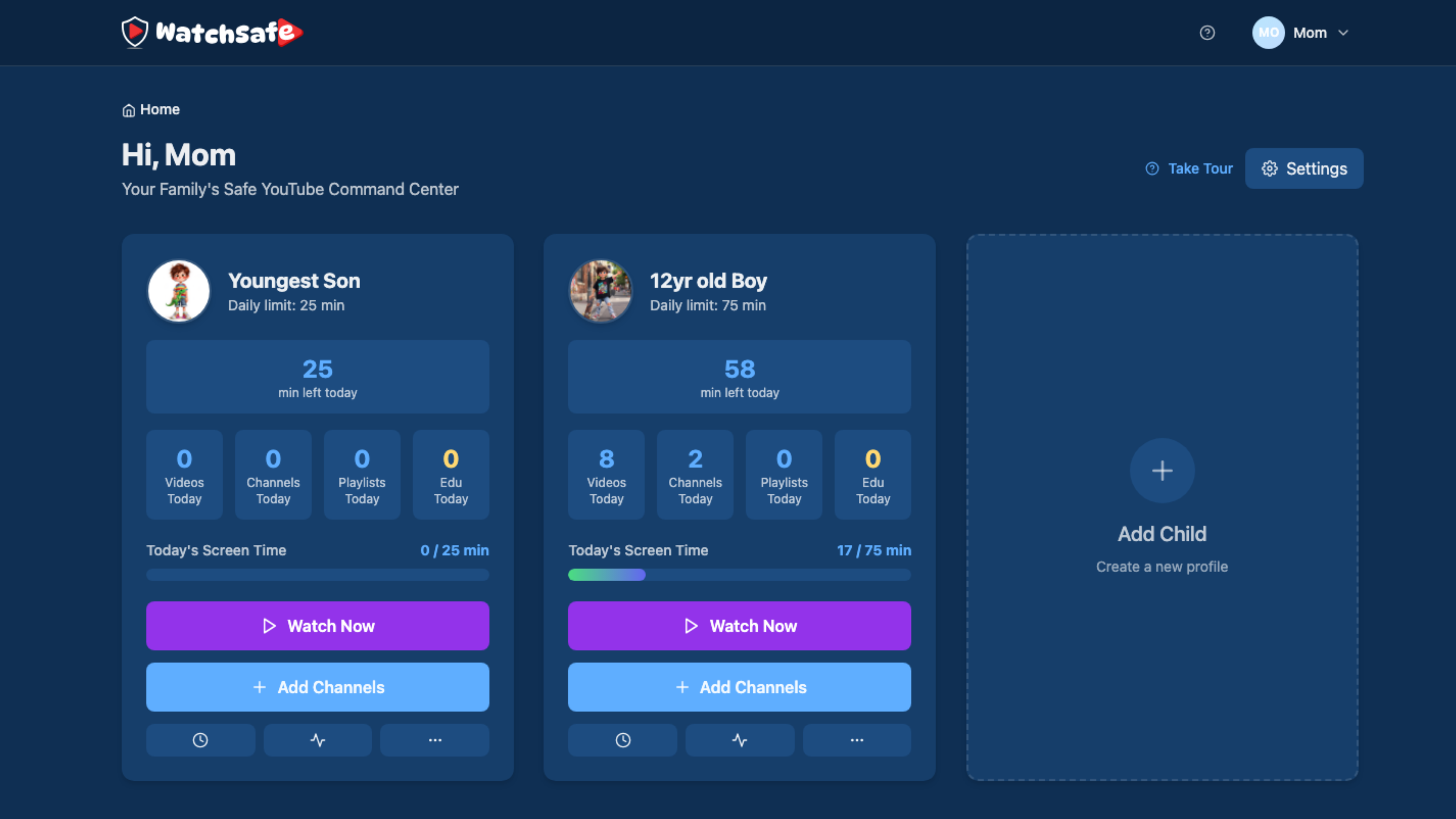 Parent dashboard showing family management with child profiles, screen time limits, and usage statistics
